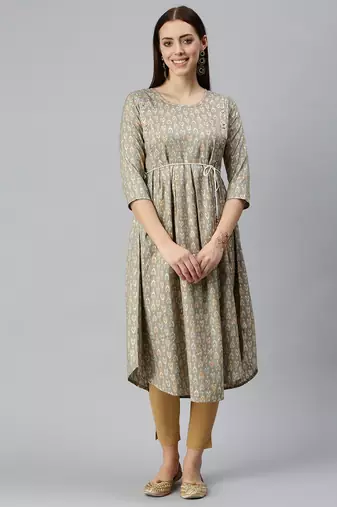 women's calf length round neck brown abstract a-line kurta