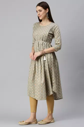 women's calf length round neck brown abstract a-line kurta