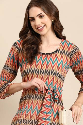 women's calf length scoop neck multi chevron a-line kurta