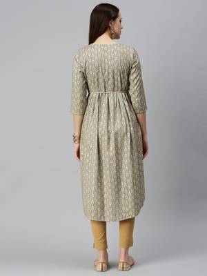 women's calf length round neck brown abstract a-line kurta 4
