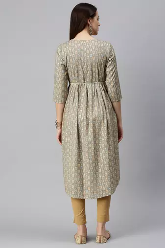 women's calf length round neck brown abstract a-line kurta