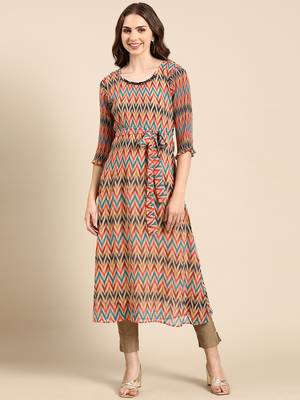 women's calf length scoop neck multi chevron a-line kurta 2