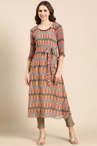 women's calf length scoop neck multi chevron a-line kurta
