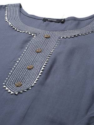 women's calf length round neck grey solid straight kurta 2