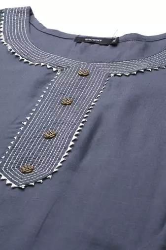 women's calf length round neck grey solid straight kurta