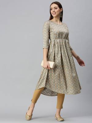 women's calf length round neck brown abstract a-line kurta 5