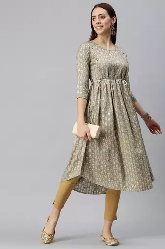 women's calf length round neck brown abstract a-line kurta