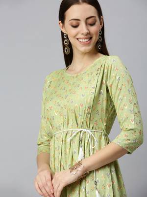women's calf length round neck lime green abstract a-line kurta 1