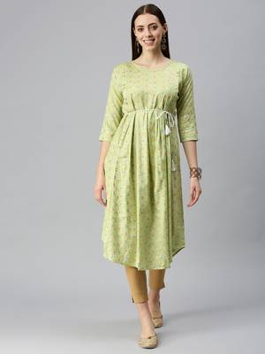 women's calf length round neck lime green abstract a-line kurta 2