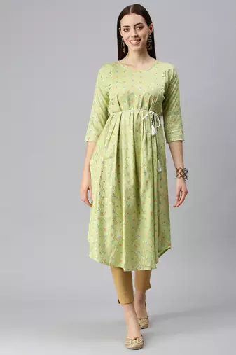 women's calf length round neck lime green abstract a-line kurta