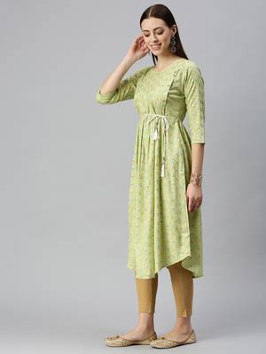 women's calf length round neck lime green abstract a-line kurta 3