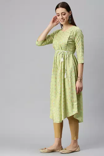 women's calf length round neck lime green abstract a-line kurta