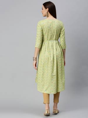 women's calf length round neck lime green abstract a-line kurta 4
