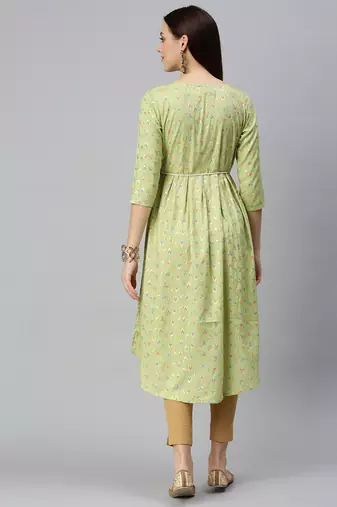 women's calf length round neck lime green abstract a-line kurta