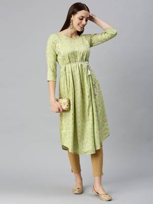 women's calf length round neck lime green abstract a-line kurta 5