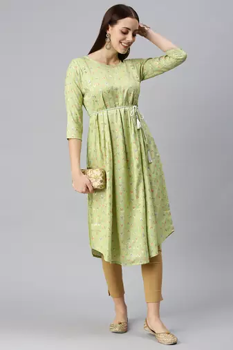 women's calf length round neck lime green abstract a-line kurta