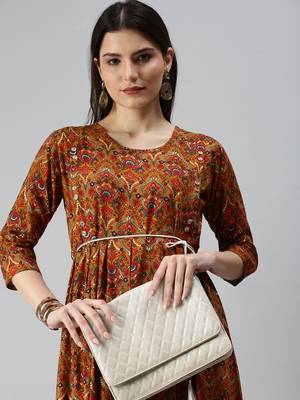 women's calf length round neck mustard floral a-line kurta 1