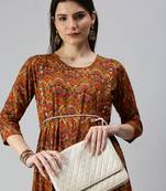 women's calf length round neck mustard floral a-line kurta