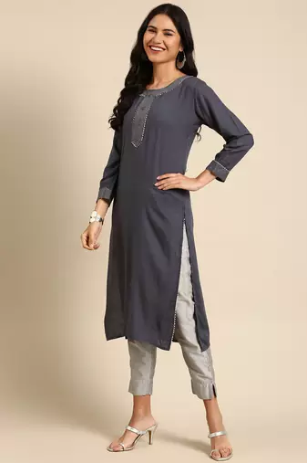 women's calf length round neck grey solid straight kurta