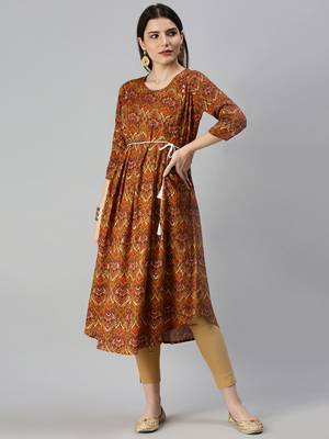 women's calf length round neck mustard floral a-line kurta 2