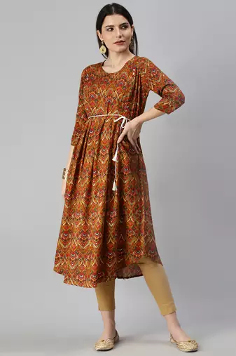 women's calf length round neck mustard floral a-line kurta