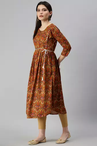 women's calf length round neck mustard floral a-line kurta