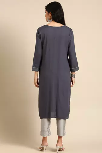 women's calf length round neck grey solid straight kurta
