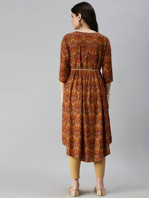 women's calf length round neck mustard floral a-line kurta 4