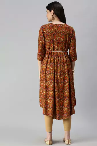 women's calf length round neck mustard floral a-line kurta