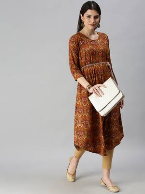 women's calf length round neck mustard floral a-line kurta 5