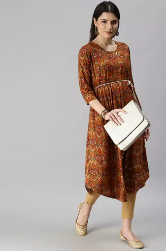 women's calf length round neck mustard floral a-line kurta