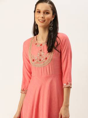 women's ankle length round neck peach solid a-line kurta 1