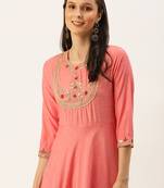 women's ankle length round neck peach solid a-line kurta