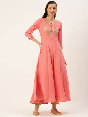 women's ankle length round neck peach solid a-line kurta 2