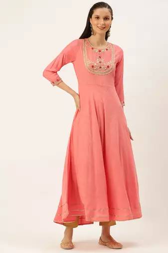 women's ankle length round neck peach solid a-line kurta