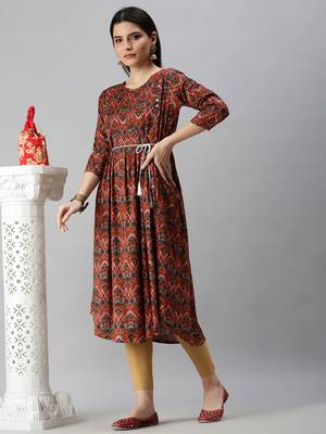 women's calf length round neck pink floral a-line kurta 1