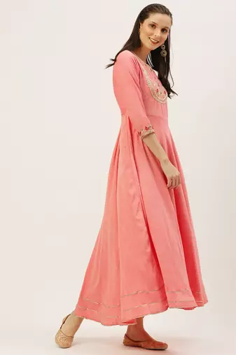 women's ankle length round neck peach solid a-line kurta