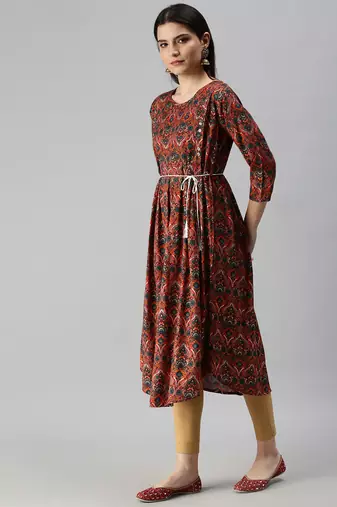 women's calf length round neck pink floral a-line kurta