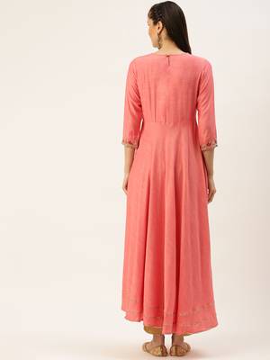 women's ankle length round neck peach solid a-line kurta 4