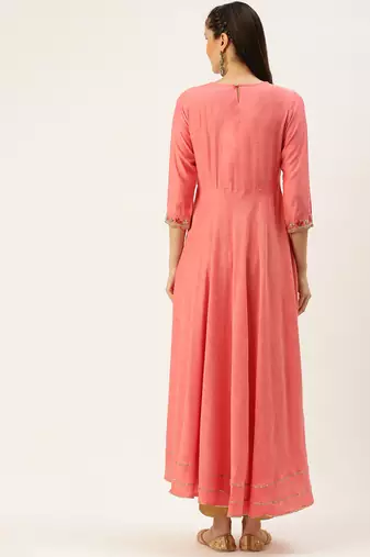 women's ankle length round neck peach solid a-line kurta