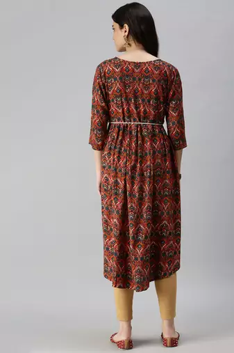 women's calf length round neck pink floral a-line kurta