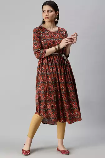 women's calf length round neck pink floral a-line kurta