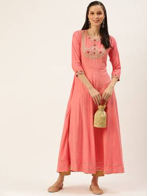 women's ankle length round neck peach solid a-line kurta 5
