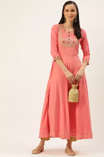 women's ankle length round neck peach solid a-line kurta