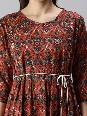 women's calf length round neck pink floral a-line kurta 5