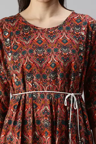 women's calf length round neck pink floral a-line kurta