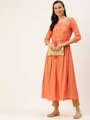 women's ankle length round neck peach embellished a-line kurta 1