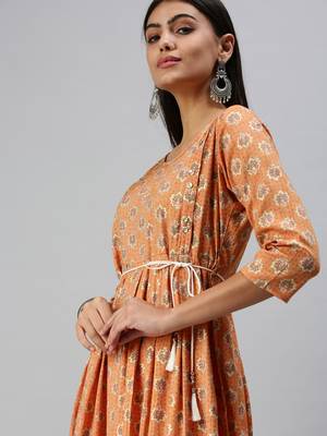 women's calf length round neck orange floral a-line kurta 1
