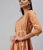 women's calf length round neck orange floral a-line kurta
