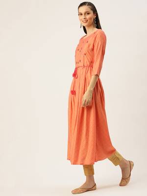 women's ankle length round neck peach embellished a-line kurta 2